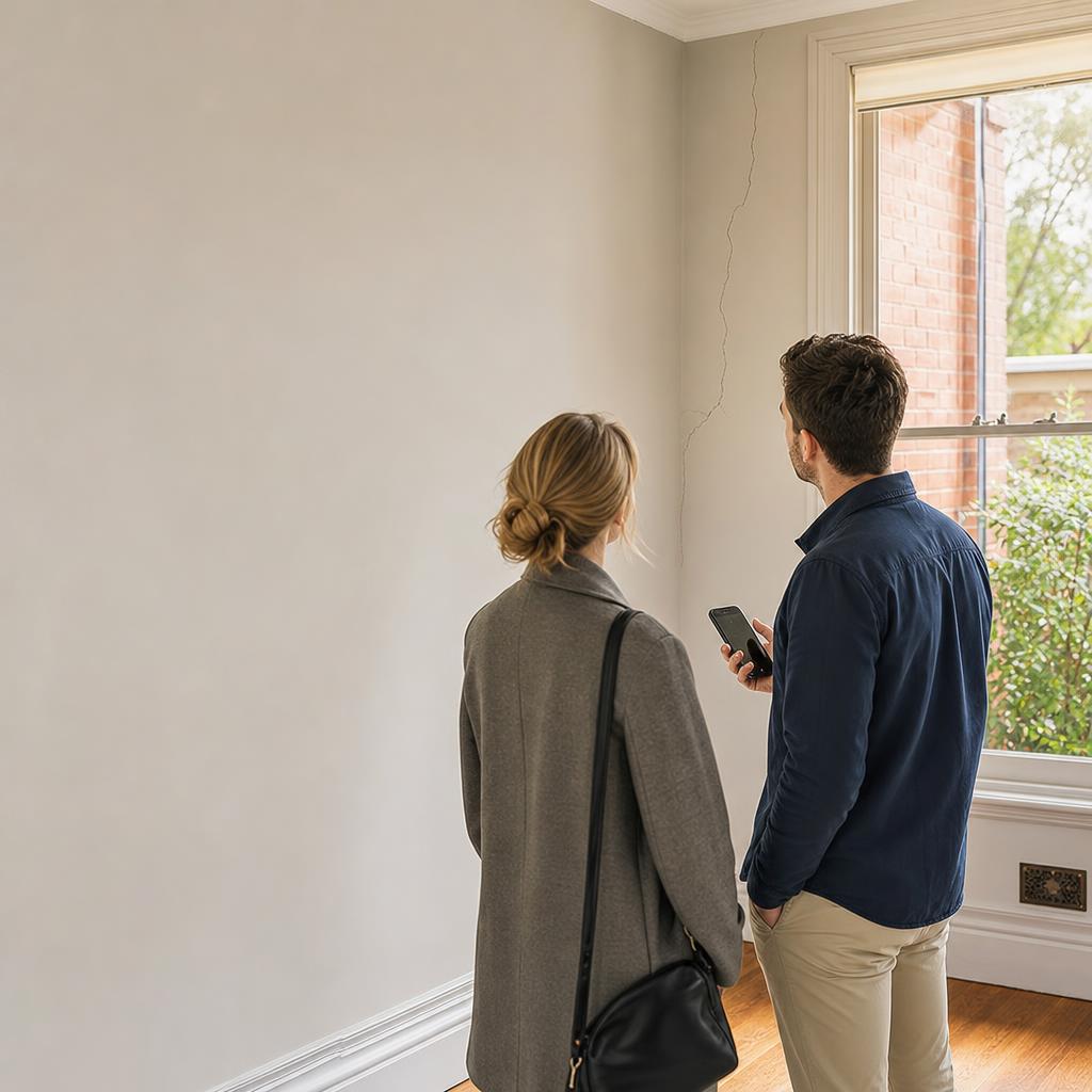 Home buyers inspecting a small wall crack during an open home